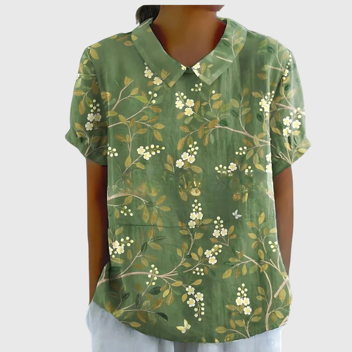 Wendy | Linen Floral Print Short Sleeve Collared Blouse