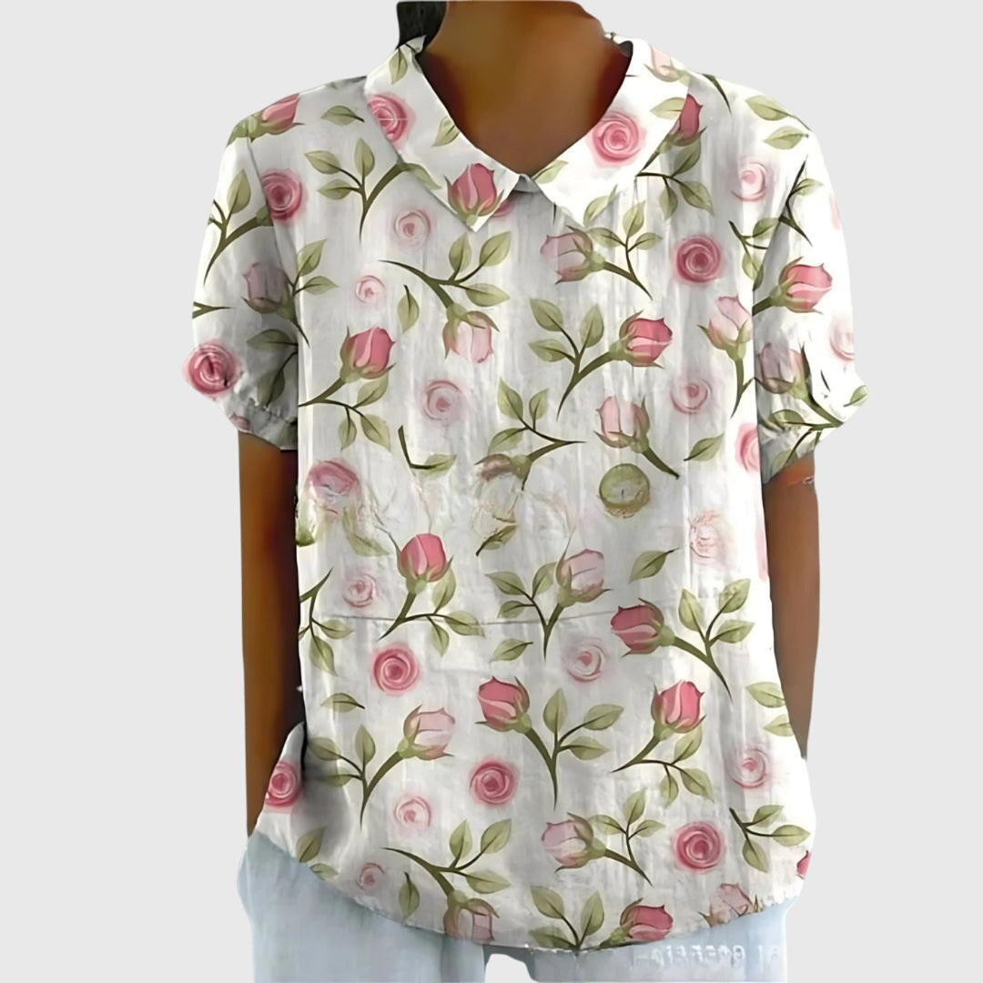 Wendy | Linen Floral Print Short Sleeve Collared Blouse
