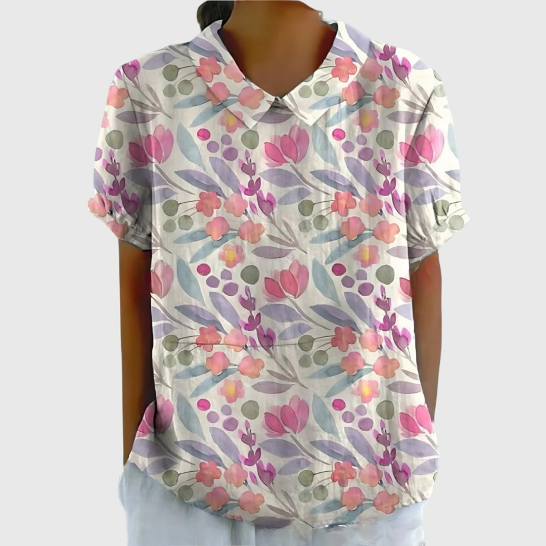 Wendy | Linen Floral Print Short Sleeve Collared Blouse