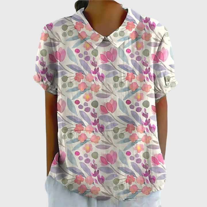 Wendy | Linen Floral Print Short Sleeve Collared Blouse