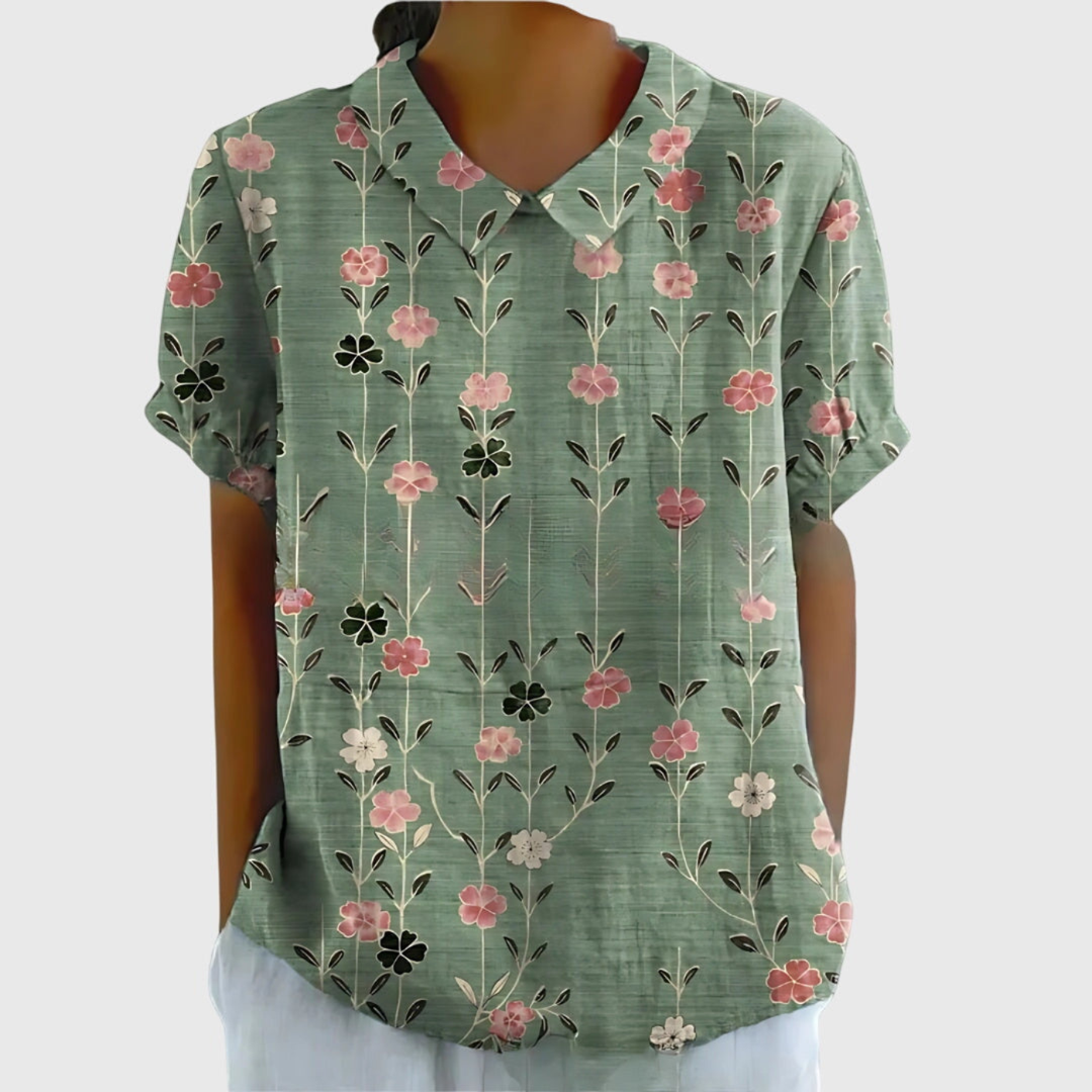 Wendy | Linen Floral Print Short Sleeve Collared Blouse