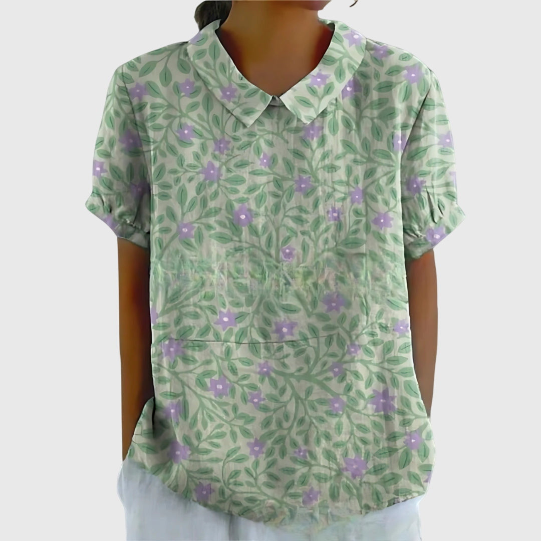Wendy | Linen Floral Print Short Sleeve Collared Blouse
