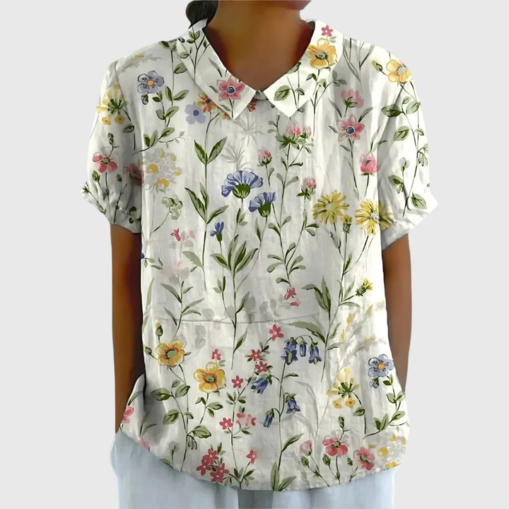 Wendy | Linen Floral Print Short Sleeve Collared Blouse